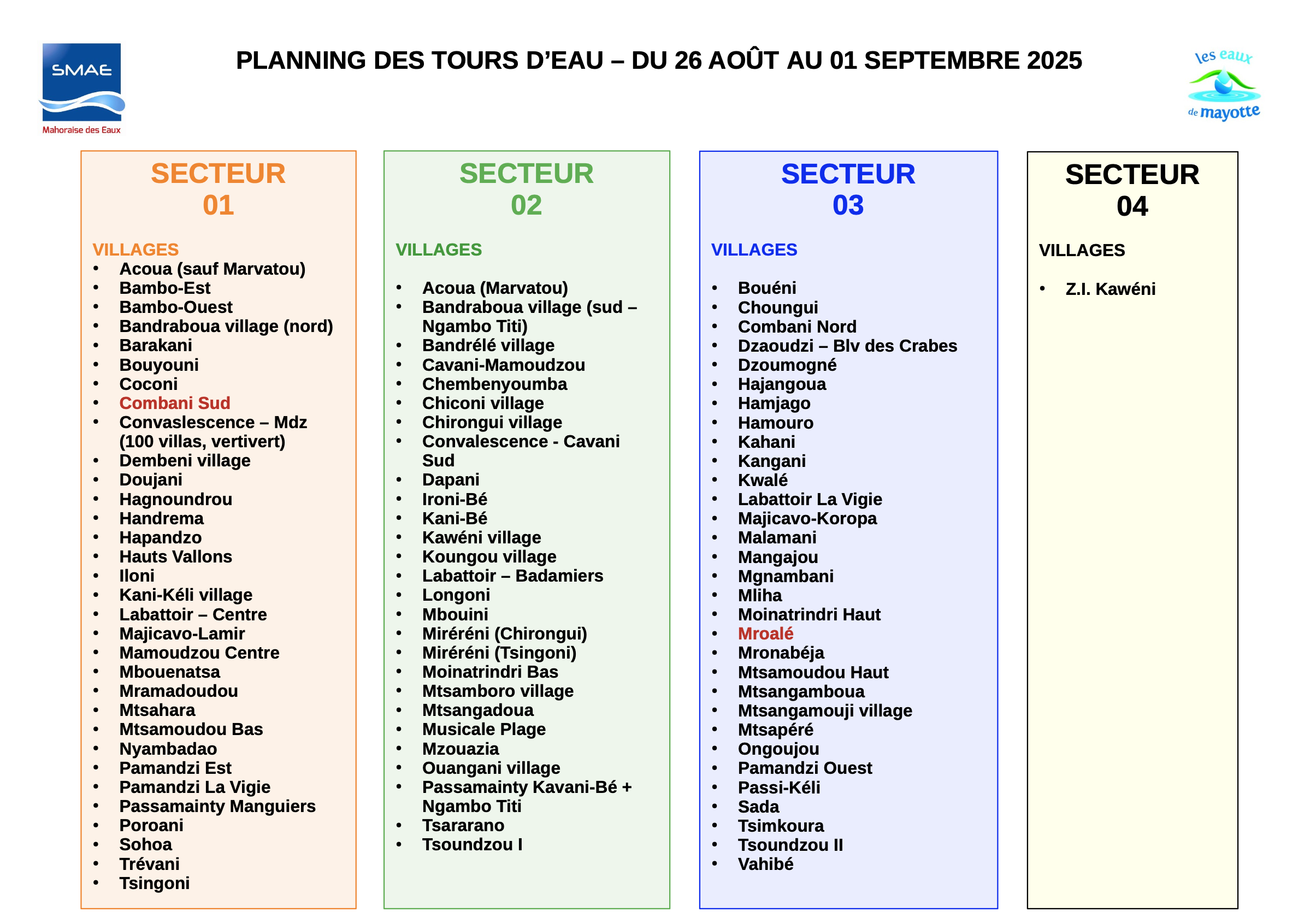 Mayotte, SMAE, tours d'eau, planning, 