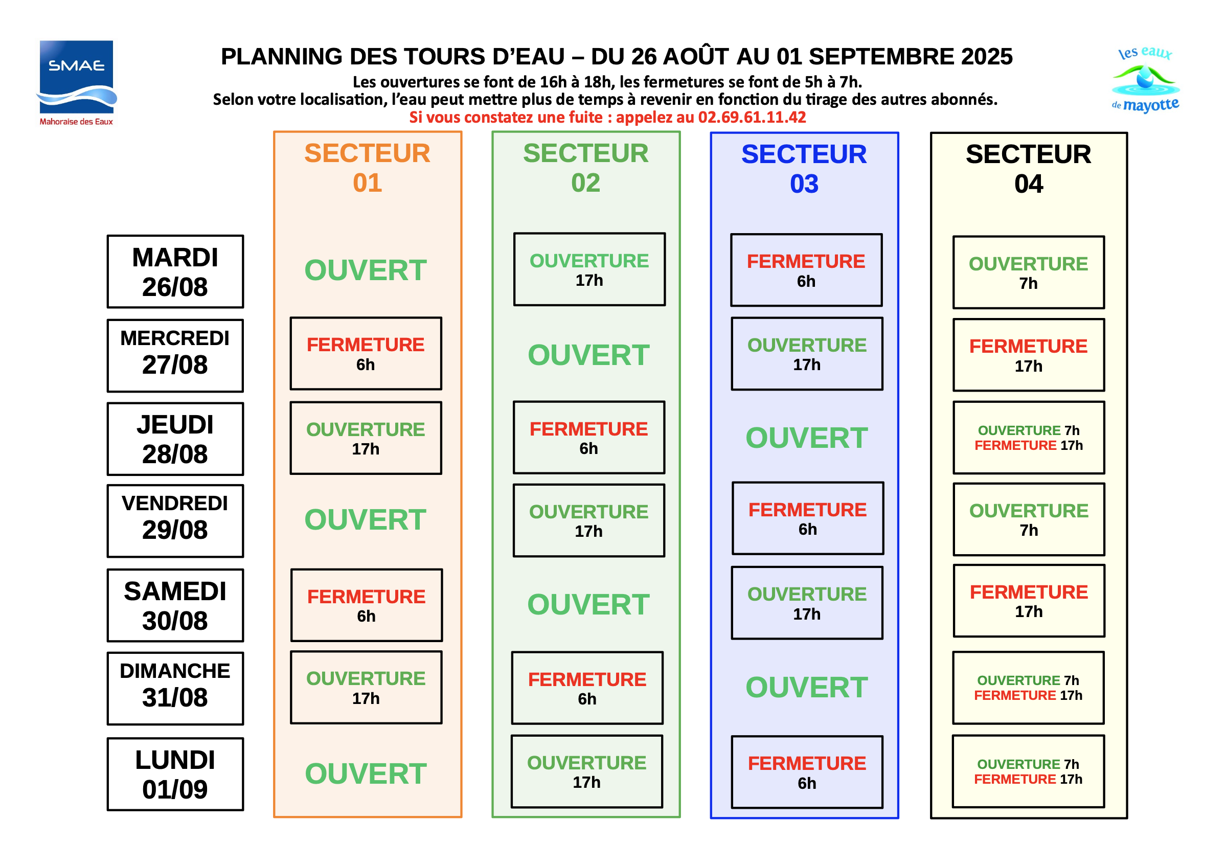 Mayotte, SMAE, tours d'eau, planning, 